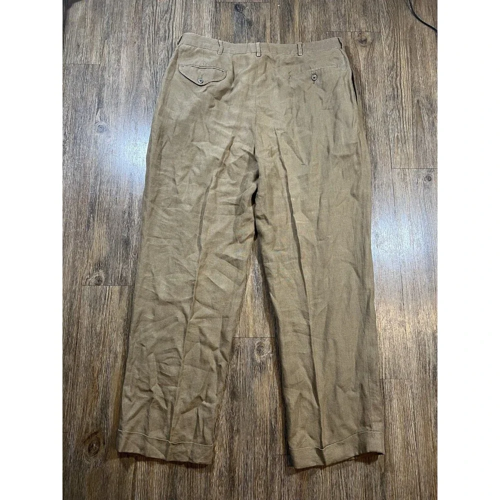 Vintage Polo Ralph Lauren Cuffed Pleated Trouser Pants Beige 100% Linen 36x30
